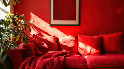 Cozy red living room with red walls, red couches, and a soft red throw blanket.