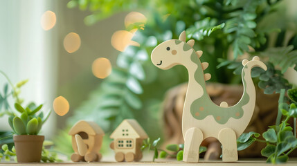 Naklejka premium Cute Wooden Dinosaur Doll Above Table Painted with Pastel Colors with Blurry Green Background