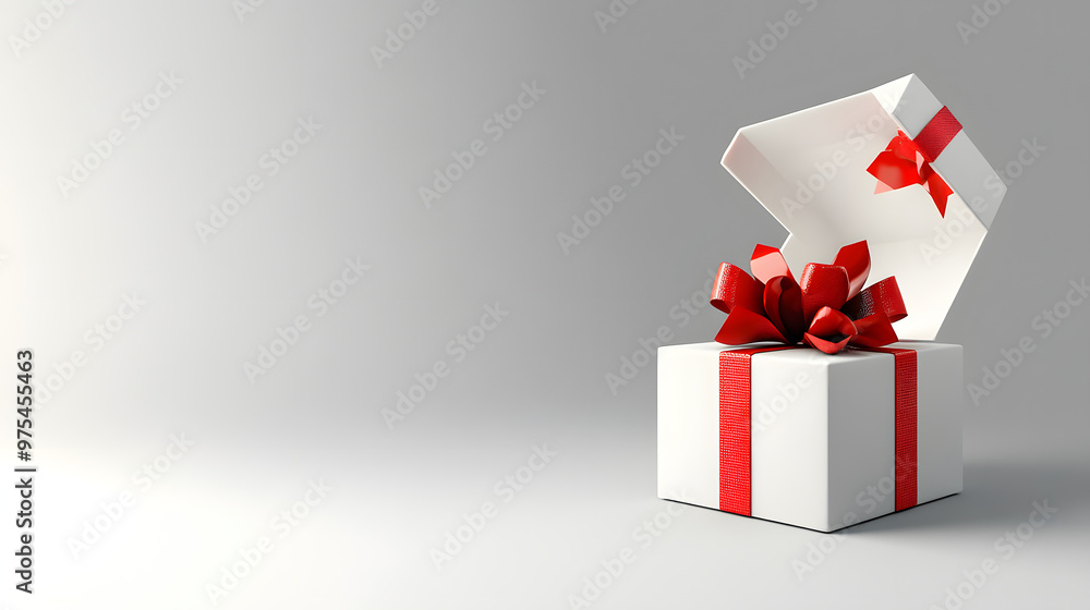 Poster blank white present box open or gift box with red ribbons and bow isolated on white grey background 