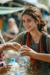 A humanitarian aid worker handing out water bottles to survivors, with a reassuring smile and a sense of hope in their expression.