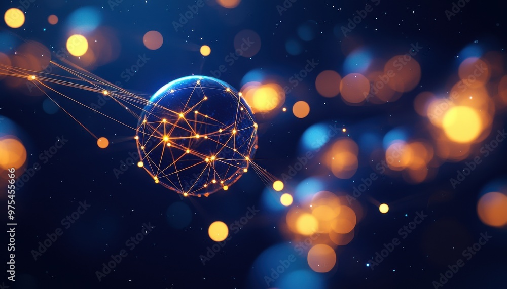 Poster a captivating abstract image of a glowing globe connected by lines, surrounded by vibrant bokeh ligh