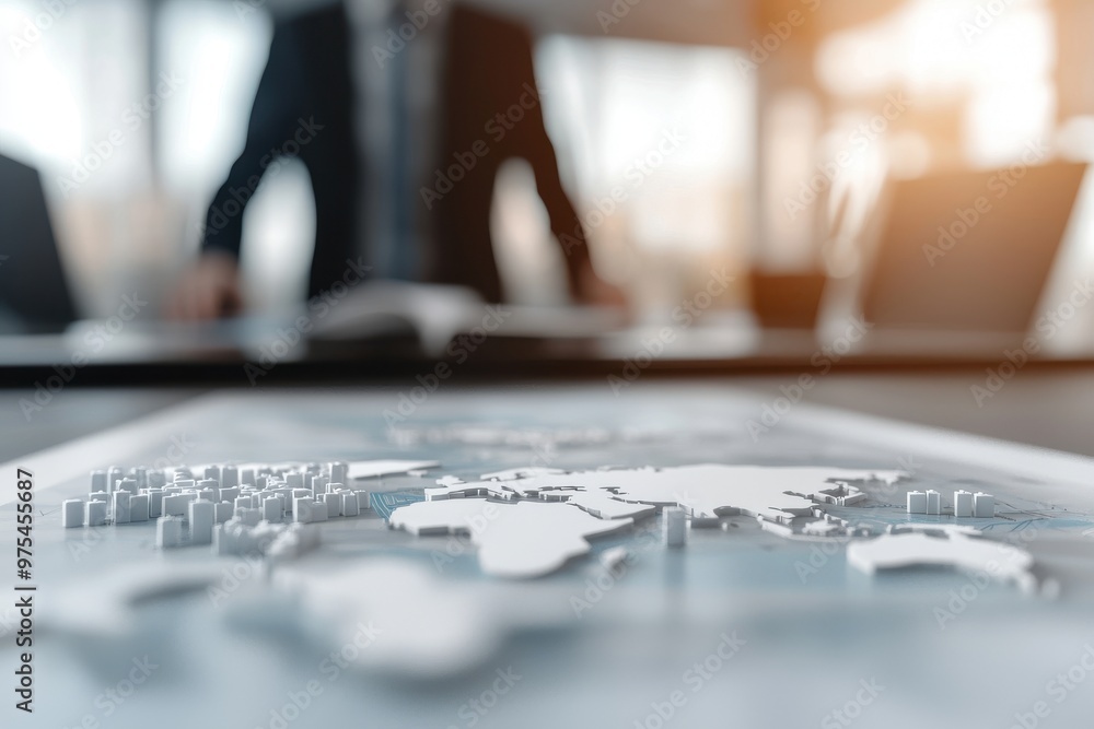 Poster a close-up view of a world map on a desk with a businessman in the background, representing global b