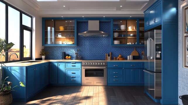 Elegant blue kitchen with bold blue cabinets, blue backsplash, and high-end appliances.