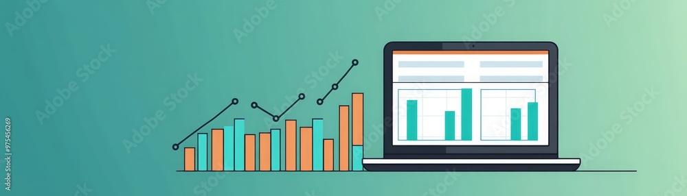 Poster laptop with data visualization and business growth graph