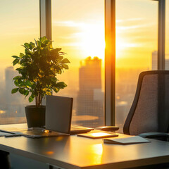 Modern office desk with a potted plant and a notebook,