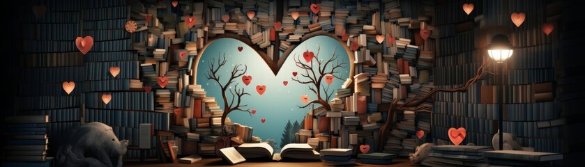 A heart made from stacks of old books in a cozy library nook in this literary illustration