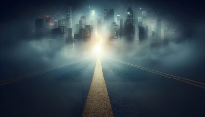 Asphalt road vanishing into foggy haze with highlighted center line. Enigmatic path concept.