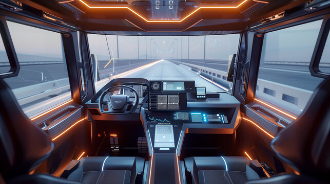 interior of a modern self driven shipping truck equipped with artificial intelligence technology