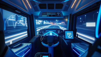 interior of a modern self driven shipping truck equipped with artificial intelligence technology