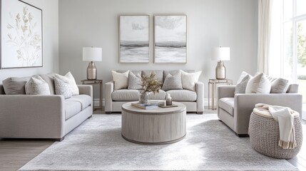 Elegant grey living room with soft grey sofas, a grey rug, and neutral decor tones.