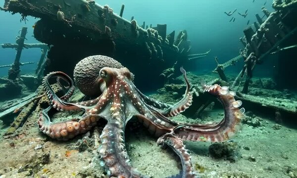Curious octopus hiding in shipwreck, Video