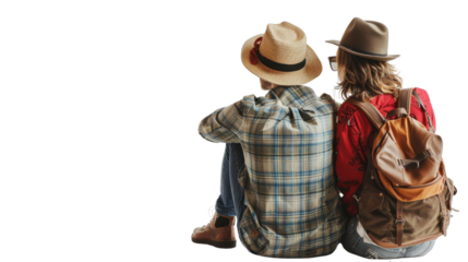 Travelers couple sitting on transparent background