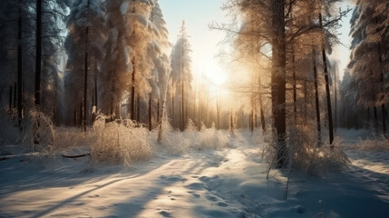 Fototapeta premium Frost-Covered Winter Forest with Sunlight Shining Through Trees