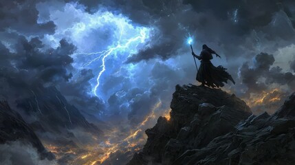 Fototapeta premium Fantasy Landscape with Storm Clouds Lightning and Figure