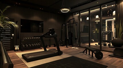 A room with exercise equipment and mirrors