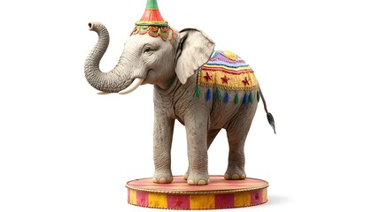 Obraz premium Majestic 3D Circus Elephant Perched on Pedestal with Colorful Decorations on White Background