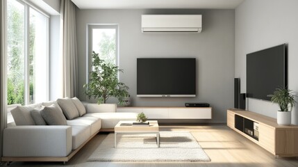 Fototapeta premium Elegant living room with an air conditioner, light-colored sofa, and a large, modern TV set.