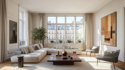 A spacious living room with large windows overlooking a cityscape. The room is furnished with a white sectional sofa, a coffee table, two armchairs, and a plant