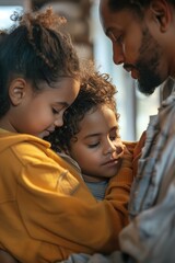 A social worker comforting a family in an emergency shelter, with a caring and empathetic expression, as they discuss their next steps.