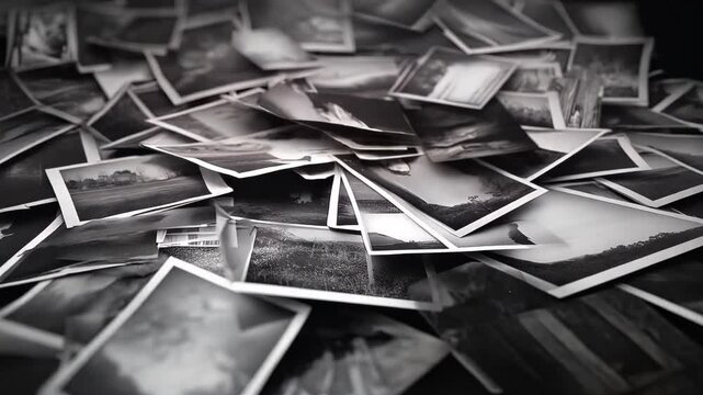 Scattered black and white photographs on reflective surface. Monochromatic images overlap, creating layered visual narrative. Soft lighting enhances nostalgic mood. Textured paper edges visible. 
