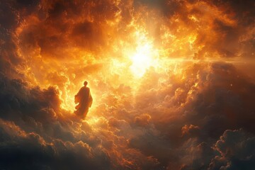 radiant figure ascending through clouds golden light beams piercing sky heavenly realm glimpsed beyond with ethereal figures