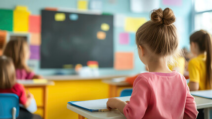 Primary school students in a colorful classroom interacting with smartboards, dynamic technology-driven education setting, Primary education, Engagement