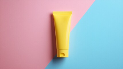 Product mockup. Skin care product. A striking yellow lotion tube sits upright on a vibrant pastel pink and blue backdrop, highlighting its sleek design and vibrant color palette.