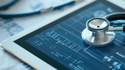 A stethoscope rests on a tablet displaying digital medical data and vital signs. The image emphasizes the integration of modern healthcare technology with traditional diagnostic tools.