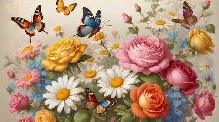 Dreamy Floral Wallpaper with Roses, Daisies, and Colorful Butterflies