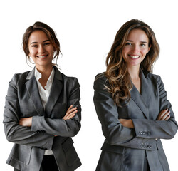 Business woman smiling with arms crossed, gray suit isolated on a transparent PNG background, white background , cut out, clipping path, Generative Ai