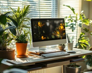 Fototapeta premium Modern Workplace with Standing Desk, Natural Light, and Computer in Bright Office Interior