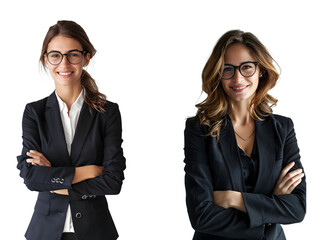Business woman wearing glasses and smiling with arms crossed isolated on a transparent PNG background, white background , cut out, clipping path, Generative Ai