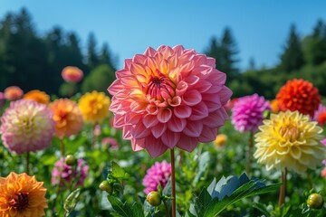 Beautiful pink dahlia flower blooming in a field of dahlias