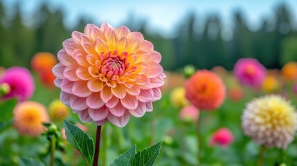 Beautiful pink dahlia flower blooming in a garden surrounded by colorful flowers