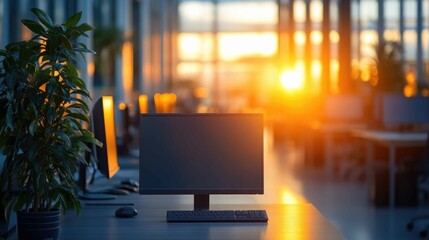 Fototapeta premium Modern Tech Workspace with Dual Monitors in Clean Office, Natural Light Background