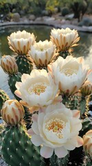 Echinopsis cactus blooming near a pond in a botanical garden