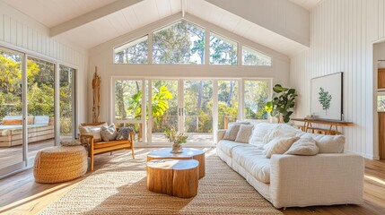 Obraz premium A spacious, light-filled living room with a large, white sofa, a wooden coffee table, and a large window overlooking a lush garden.