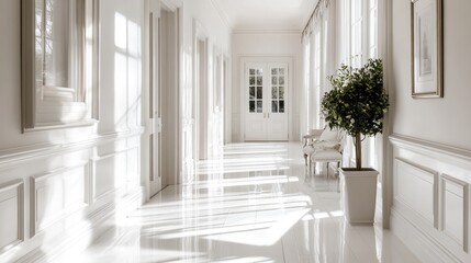 Fototapeta premium Elegant white hallway with white decor, white flooring, and bright natural light streaming in.