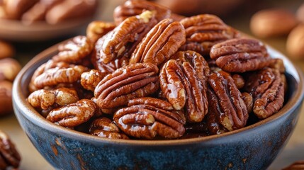 Obraz premium Bowl overflowing with delicious glazed pecans