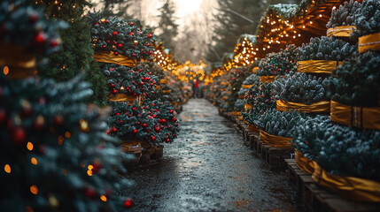 Christmas Tree Market with Rows of Decorated Trees and Festive Lights