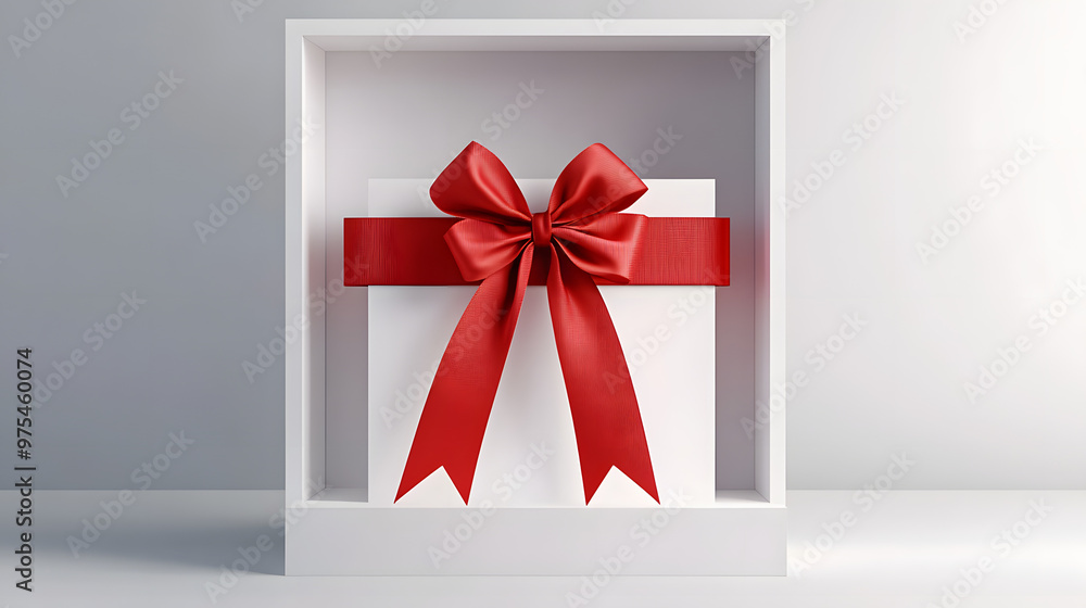Poster exhibition booth or blank gift box product display showcase mock up stand with red ribbon bow isolat
