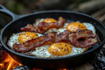 Fototapeta premium rustic campfire breakfast sizzling bacon and eggs in cast iron skillet surrounded by misty forest adventure ambiance