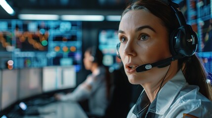 A woman in an emergency operations center, speaking into a headset with a look of urgency, as she coordinates with multiple teams.