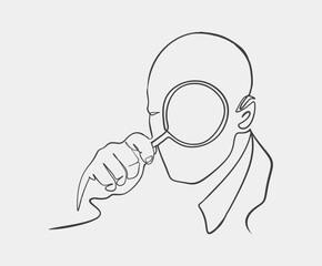 Simple line drawing of a person holding a magnifying glass, symbolizing investigation, analysis, and scrutiny in a modern artistic style.