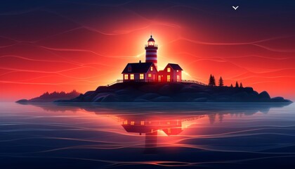 Fototapeta premium A heart outlined in the beams of a lighthouse on a foggy night, guiding ships safely in this protective illustration