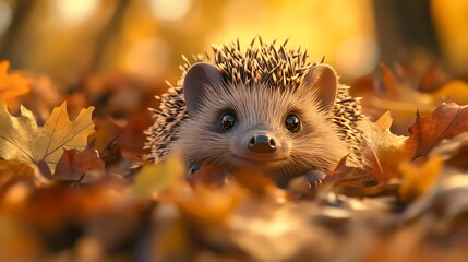 Fototapeta premium Curious Hedgehog Surprised Behind Pile of Leaves - Funny and Cute Animal Photorealistic Image