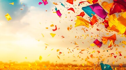 A field dotted with colorful kites being blown by the wind, the kites fluttering and weaving against a bright, open sky, the scene filled with movement and a sense of playful liberation