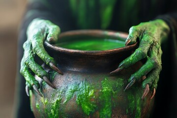 Fototapeta premium Witch's hands over a brewing cauldron. Witchcraft, spellcasting. Close-up on hands. Halloween. Spooky. Mystical.
