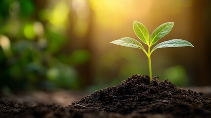 Fototapeta premium A fresh green plant sprouting from dark soil, symbolizing growth and renewal in a vibrant natural setting.