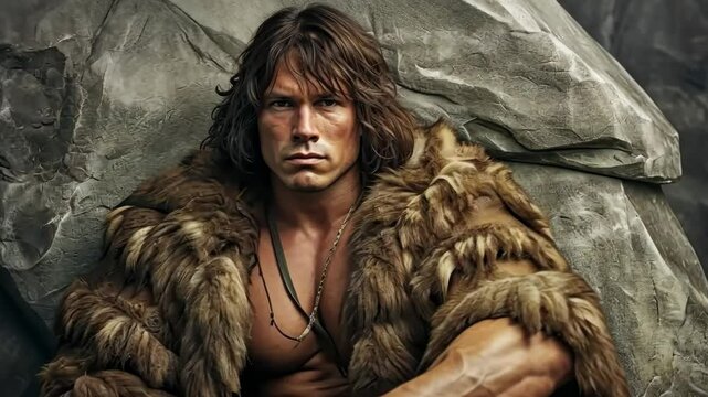 A powerful Stone Age man with massive muscles and a strikingly beautiful face, clad in fur loincloth.